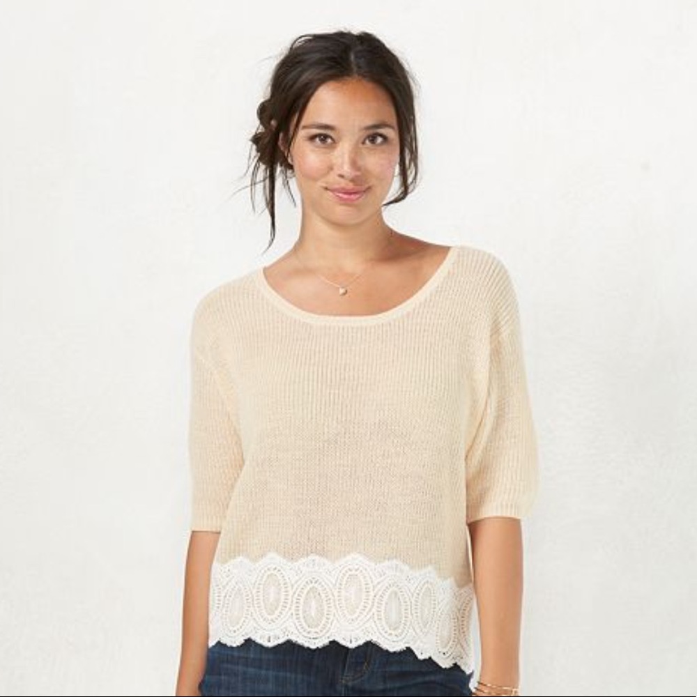 Lauren Conrad cream blush knit crop top lace hem